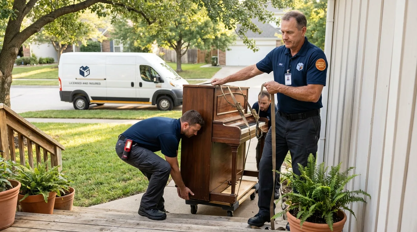 Licensed piano movers securing grand piano in Coventry, RI
