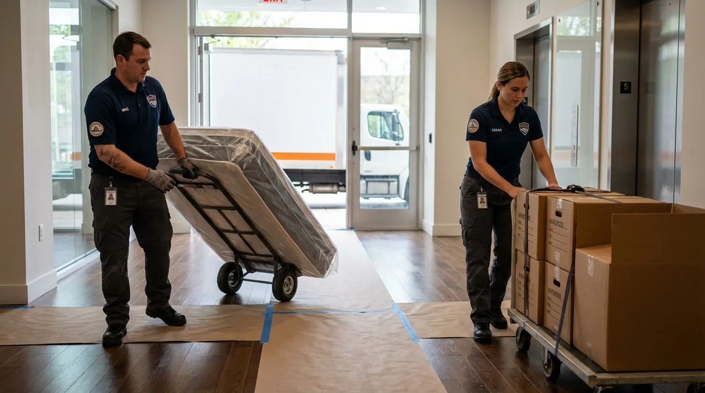 Professional apartment movers loading elevator in Coventry, RI