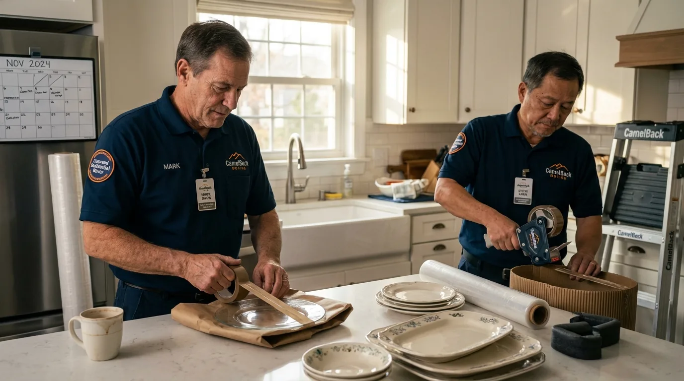 Professional crew packing kitchen dishware in Coventry, RI